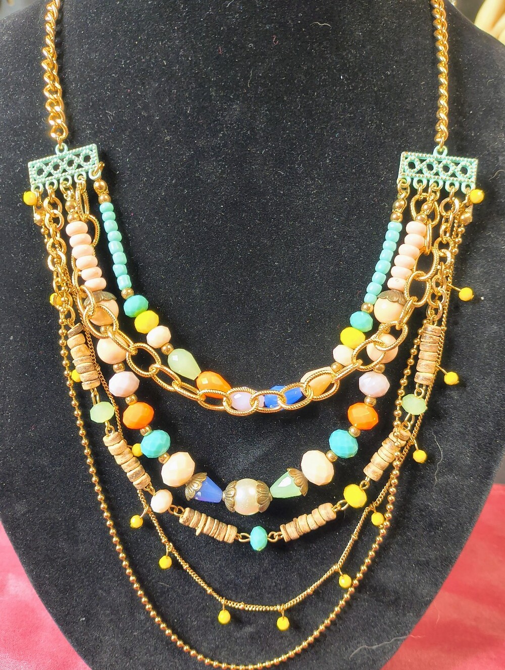 Plunder Layered Statement Necklace Colorful Beaded Boho Gold Tone 18 In. + 2 In.